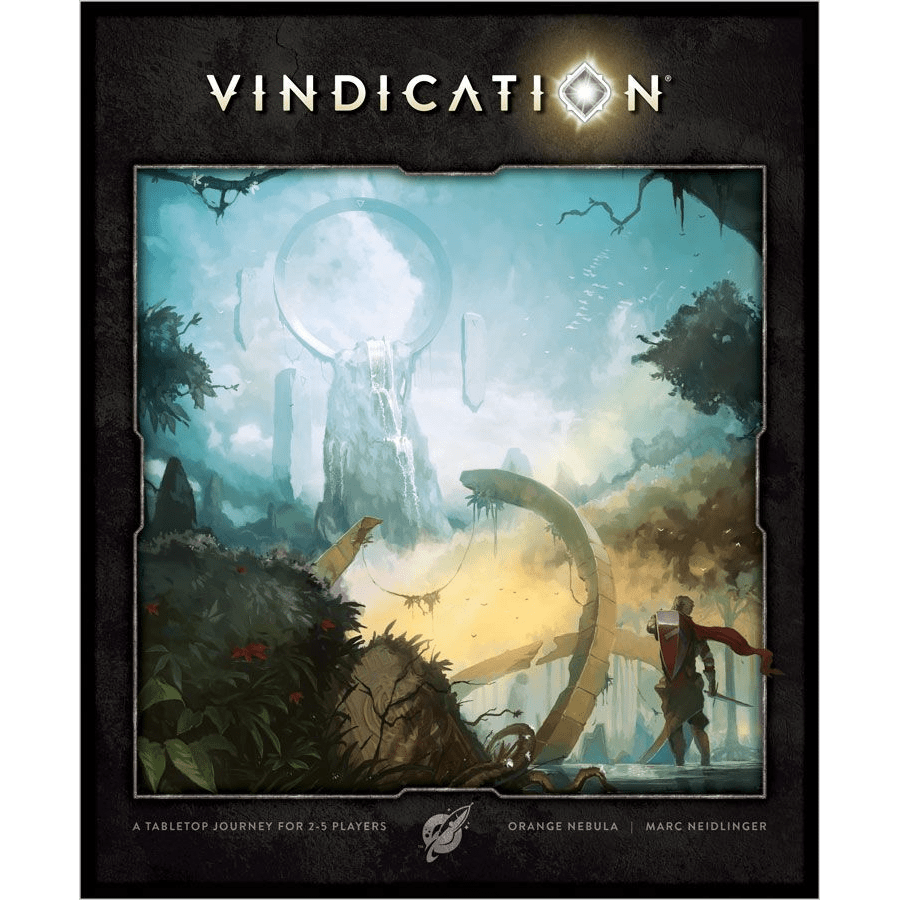 The Vindication Kickstarter All-in Tier by Orange Nebula features cover art showing a red-caped figure in dense foliage, amidst ruins, giant stone rings, and a waterfall, set in a mysterious lush landscape.