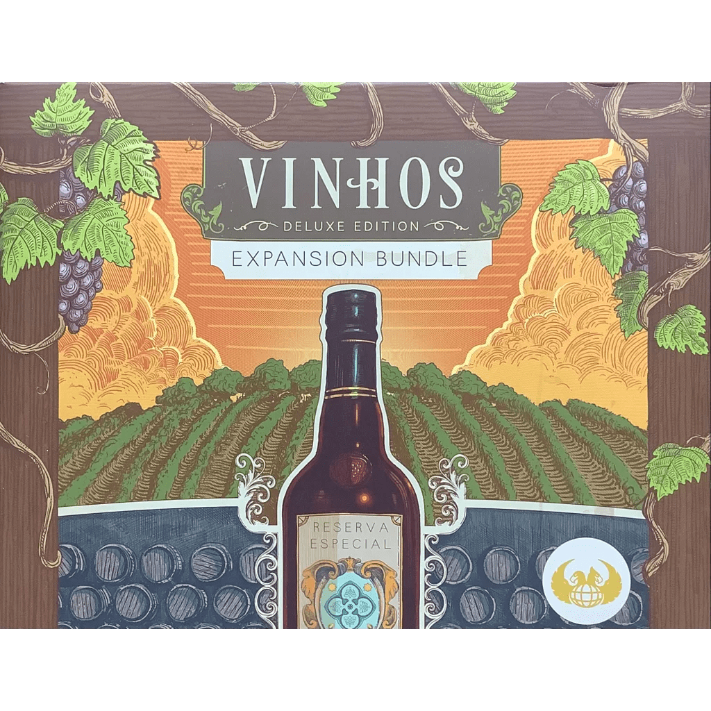 Box cover for Vinhos Deluxe Edition: Expansion Bundle by Eagle-Gryphon Games, showing a Reserva Especial wine bottle, grapevines, purple grapes, and a sunset vineyard—includes exclusive Kickstarter stretch goals.