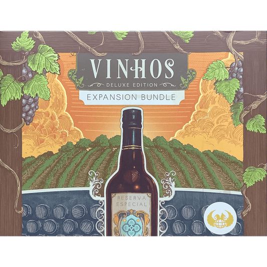 Box cover for Vinhos Deluxe Edition: Expansion Bundle by Eagle-Gryphon Games, showing a Reserva Especial wine bottle, grapevines, purple grapes, and a sunset vineyard—includes exclusive Kickstarter stretch goals.