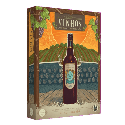 Box cover of Vinhos Deluxe Edition by Eagle-Gryphon Games, a Portuguese wine-themed board game, shows a wine bottle before vineyards, oak barrels, and stylized grapevines under an orange sky.