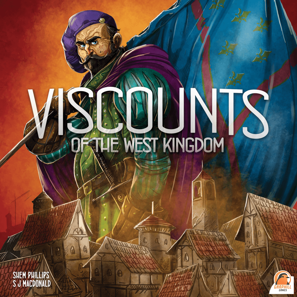 Renegade Game Studios' Viscounts of the West Kingdom board game features a stern viscount in purple and green above medieval buildings with blue and red flags—ideal for strategy game fans.