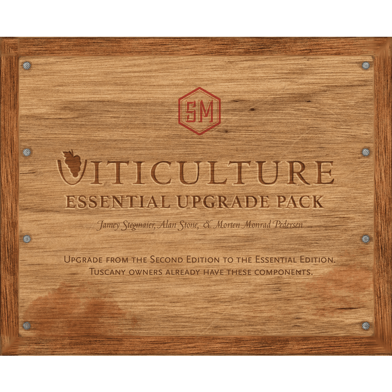 A wooden panel reads: “Viticulture: Essential Upgrade Pack” by Stonemaier Games. This pack is for owners of Second to Essential Edition, ideal with Tuscany expansions or solo play; Tuscany owners already have these components.