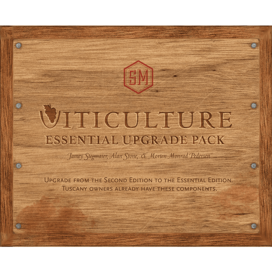 A wooden panel reads: “Viticulture: Essential Upgrade Pack” by Stonemaier Games. This pack is for owners of Second to Essential Edition, ideal with Tuscany expansions or solo play; Tuscany owners already have these components.