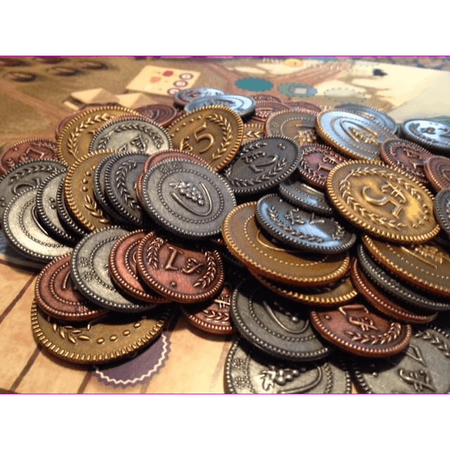 Viticulture Metal Lira Coins by Stonemaier Games feature ornate silver, bronze, and gold designs with engraved numbers, perfect for enhancing any Euro game experience. Scattered on the board, they add a decorative and authentic touch to your games.