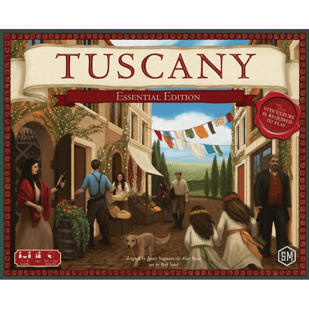 Board game cover for Viticulture: Tuscany Essential Edition Expansion by Stonemaier Games shows lively villagers in a rustic Italian market. Note: Viticulture is required to play this popular expansion.