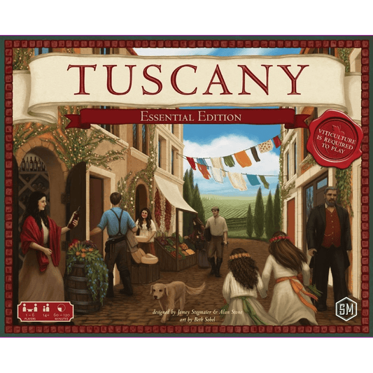 Board game cover for Viticulture: Tuscany Essential Edition Expansion by Stonemaier Games shows lively villagers in a rustic Italian market. Note: Viticulture is required to play this popular expansion.