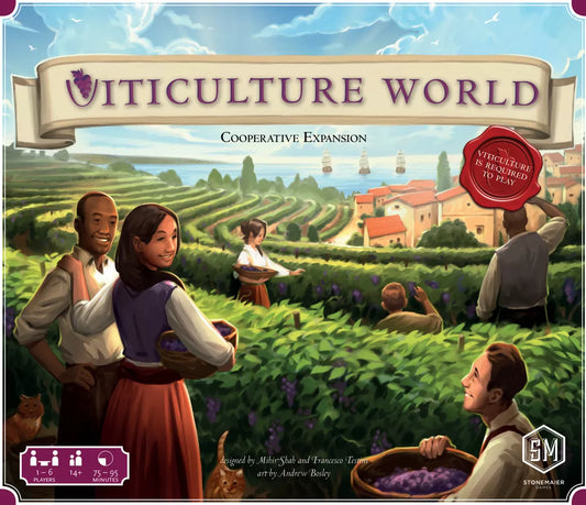 Four people pick grapes in a lush vineyard under a clear sky, with vines and a village behind. “Viticulture World: Cooperative Expansion” by Stonemaier Games is shown as the cooperative board game cover.