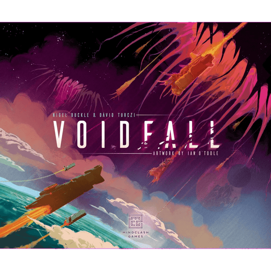 The Voidfall game cover by Mindclash Games showcases Novarchs' spaceships and Voidborn asteroids racing through a vivid cosmic scene, featuring bold white text and dynamic multicolored swirls.