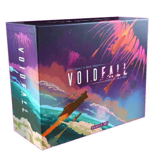 Voidfall (Galactic Box Edition - English) by Mindclash Games features a space-themed box with a spaceship, colorful nebulae, and epic artwork, hinting at the conflict between Novarchs and Voidborn.