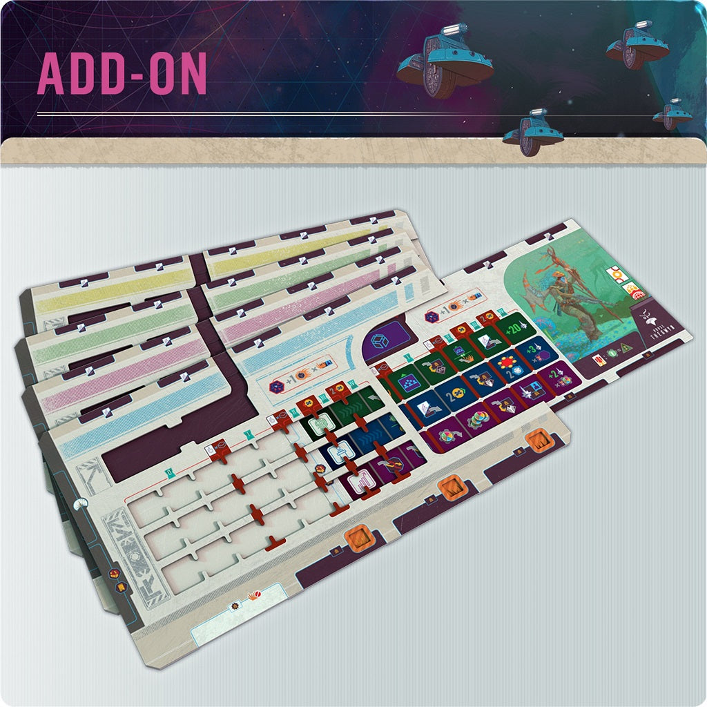 The Voidfall Triple-Layered House Boards by Mindclash Games are colorful, futuristic add-ons for the space 4X game, featuring tracks, grids, icons, sci-fi art, and a sleek background with "ADD-ON" at the top.