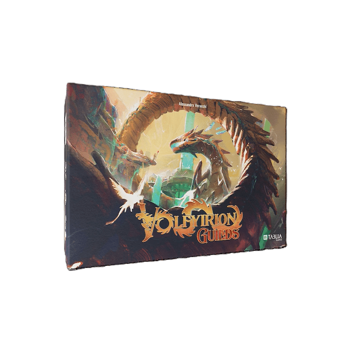 A rectangular box with fantasy art of a dragon and ruins, Volfyirion Guilds Tylaris Pride by Tabula Games is a thrilling deck-building card game set in the Mysthea Universe, with its title in stylized yellow-orange lettering.