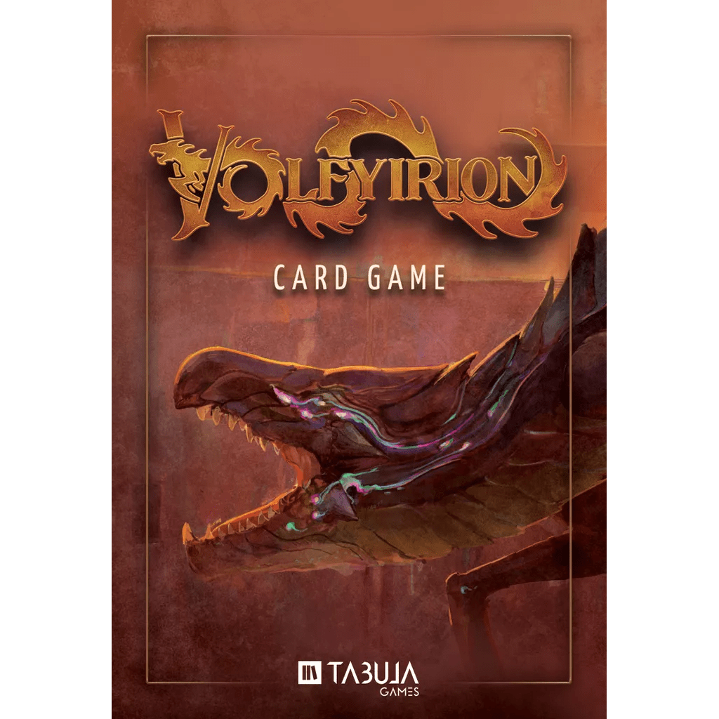 Cover of Volfyirion, a deck-building card game by Tabula Games, showcases the stylized title and a fierce dragon head with glowing accents on a reddish-brown background. Designed for two players.