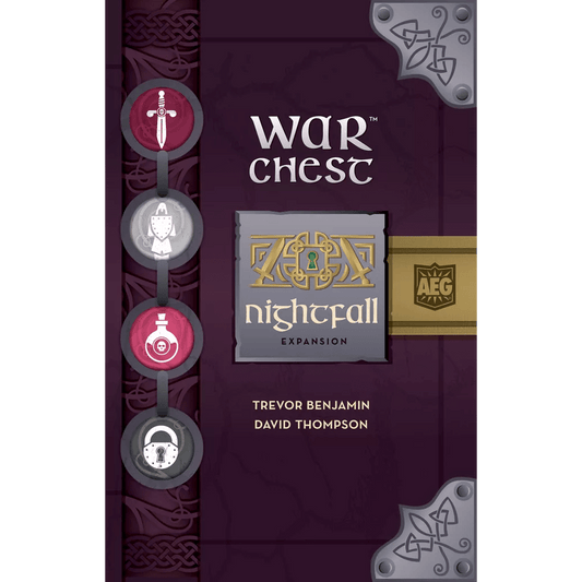 The War Chest: Nightfall Expansion by Alderac Entertainment Group features a purple cover with Celtic knot designs and game piece icons on the left, inviting players to explore new subterfuge tactics in this strategy game expansion.