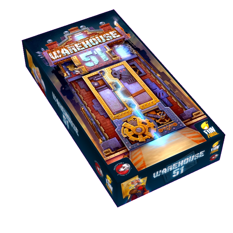 The Warehouse 51 board game box by Fun Forge features a stylized gear door with glowing blue energy, suggesting rare artifacts and relics inside. Publisher logos appear on the edges, all set against a dark backdrop.