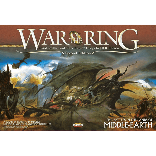 The box cover for War of the Ring: Second Edition by Ares Games features an epic fantasy battle in Middle-earth, with dragons, warriors, dark figures in mountains, and bold gold title text plus striking "Middle-Earth" lettering at the bottom.