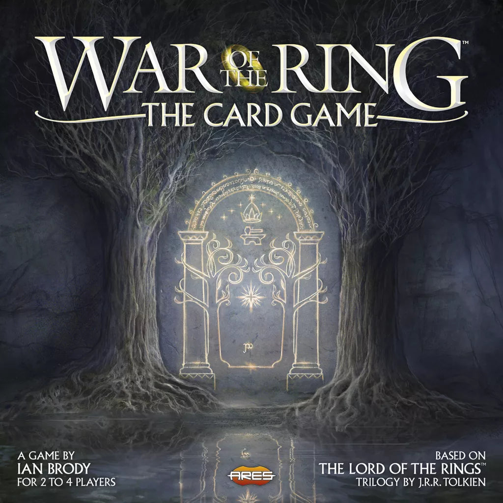 The cover of War of the Ring: The Card Game by Ares Games shows a glowing ornate gate in a dark, mystical forest. Inspired by Tolkien’s Lord of the Rings, this game is for 2–4 players.