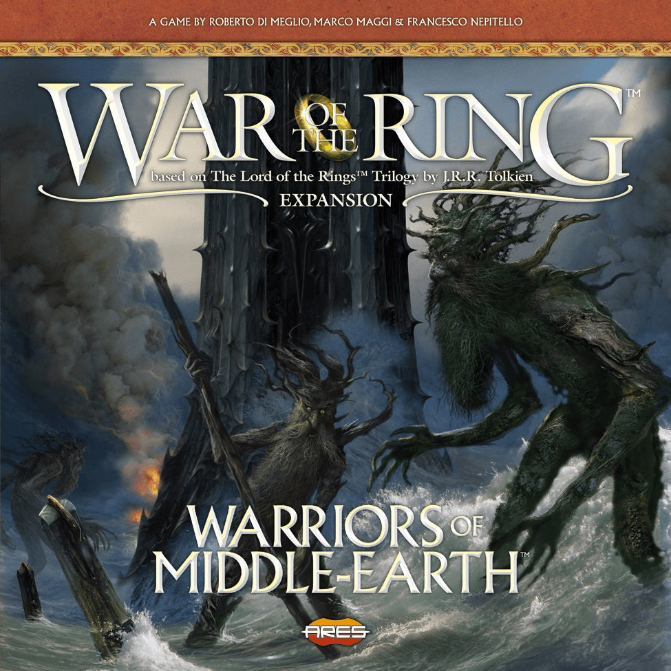 The cover of War of the Ring: Warriors of Middle-Earth Expansion by Ares Games shows two huge mythical creatures battling in a stormy, debris-filled landscape. This striking art highlights this epic Middle-earth board game expansion.