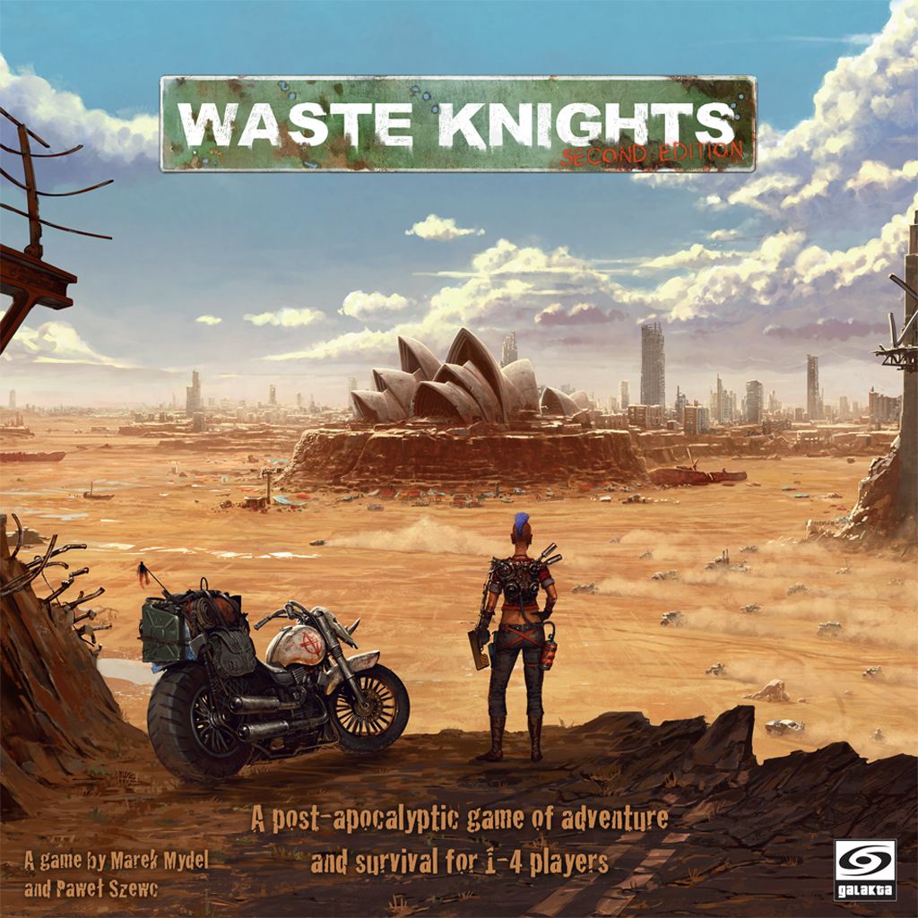 A lone armored figure by a motorcycle surveys a ruined Sydney Opera House under cloudy skies in dystopian Australia, capturing the atmosphere of Galakta’s post-apocalyptic adventure game, Waste Knights: Second Edition.