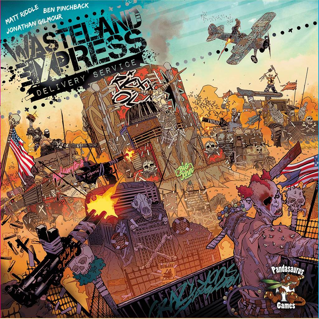 The comic-style cover of Wasteland Express Delivery Service by Pandasaurus Games shows armed vehicles, punk characters, explosions, and graffiti-style text for this post-apocalyptic board game.