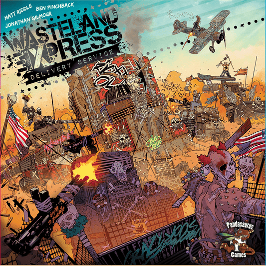 The comic-style cover of Wasteland Express Delivery Service by Pandasaurus Games shows armed vehicles, punk characters, explosions, and graffiti-style text for this post-apocalyptic board game.