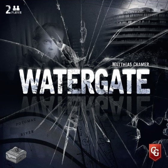 Watergate board game cover by Capstone Games features a shattered glass effect, the Watergate complex, and a shadowy figure in the background. Two-player icon and Capstone Games logo are displayed on the sides.