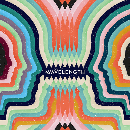 Colorful, symmetrical face profiles in wave patterns converge at the center under "Wavelength" by Palm Court, with bold white text set against a starry night background.