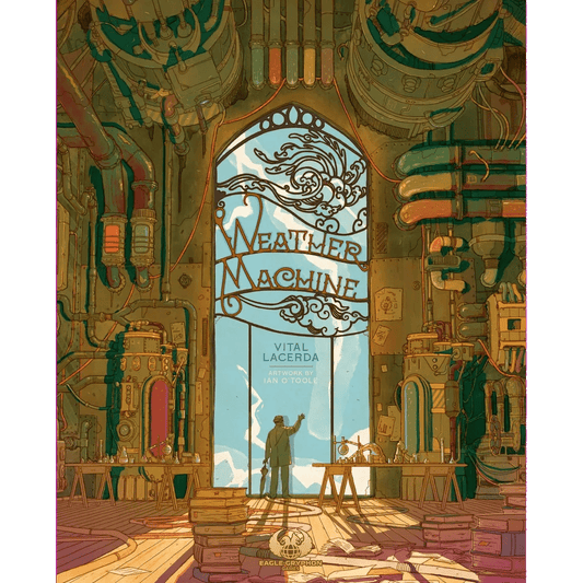 The illustrated cover of Weather Machine by Eagle-Gryphon Games shows a person in a long coat pointing at a large arched window, surrounded by steampunk pipes, gadgets, and machinery—evoking themes of climate control and meteorological invention.