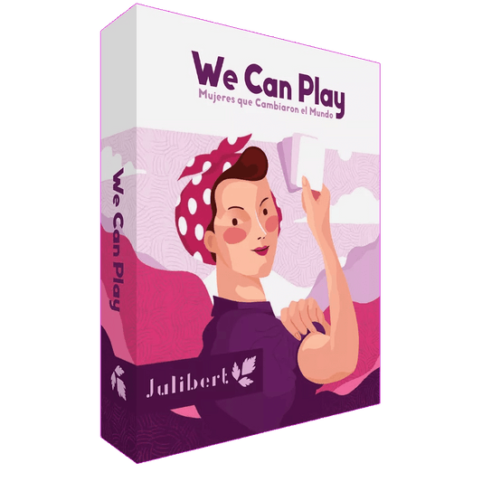 The We Can Play: Women who Changed The World game by Julibert Games features an illustrated woman with a red polka-dot scarf, inspired by Rosie the Riveter. This card game celebrates inspiring women and comes in pink and purple tones.