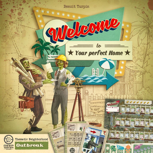Game box cover for Welcome To: Outbreak Expansion by Deep Water Games, showing a retro-style illustration of two people with blueprints and tools near a neighborhood map, palm trees, and beach icons. Cards, game pieces, and Neighborhood Sheet Packs appear