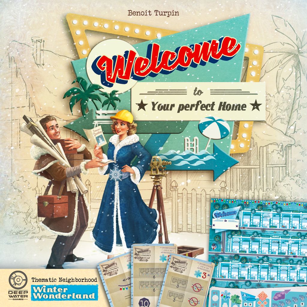 A retro couple in winter clothing with surveying gear stands before a "Welcome to Your perfect Home" sign. City plan cards and pieces showcase Deep Water Games' Welcome To: Winter Wonderland Expansion board game.