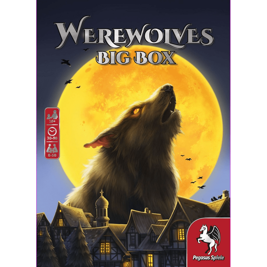 A werewolf howls at a full yellow moon over a village at night. The Werewolves Big Box from Pegasus Spiele offers an exciting large group social deduction game, perfect for fans of thrilling party games.