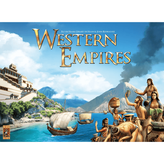 The illustrated cover of Western Empires by 999 Games shows ancient people sailing wooden boats past a coastal city, mountains, and a volcano—ideal for fans of ancient civilization board games.