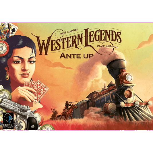A stylized illustration for Kolossal Games' Western Legends: Ante Up Expansion shows a woman with playing cards, poker chips, and a revolver, set against a backdrop featuring a steam train and a cowboy on horseback.