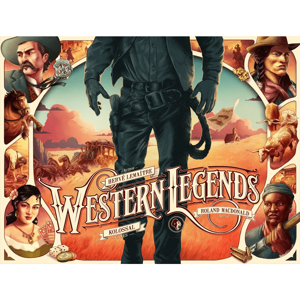 Illustrated board game cover from Kolossal Games' Western Legends: Big Box shows a cowboy with guns and lasso among Western-themed characters, horses, and desert. The title appears at the bottom—ideal for your wooden storage solution.