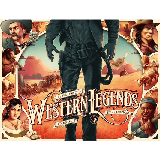 Illustrated board game cover from Kolossal Games' Western Legends: Big Box shows a cowboy with guns and lasso among Western-themed characters, horses, and desert. The title appears at the bottom—ideal for your wooden storage solution.