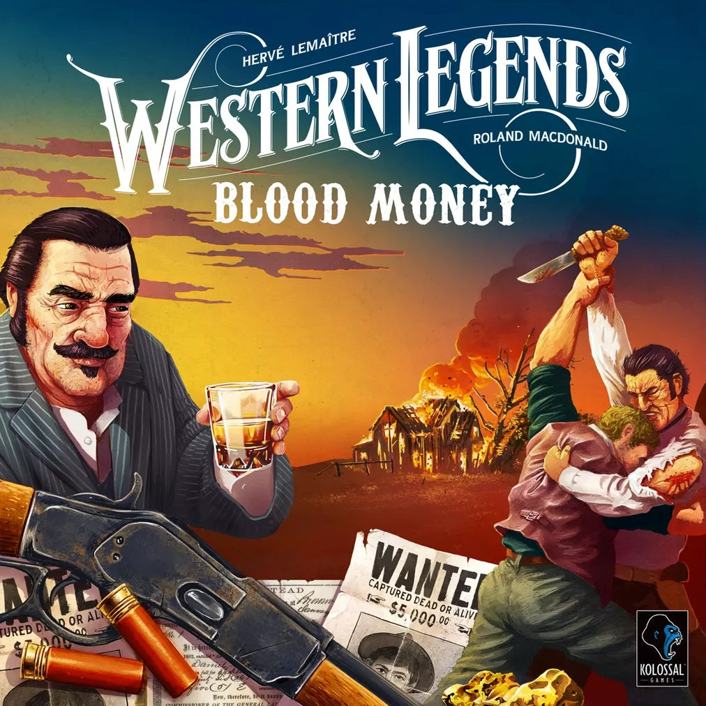 The illustrated cover of Western Legends: Blood Money Expansion by Kolossal Games features a mustached man with a drink, a fight scene, burning building, rifle, wanted posters, and the Kolossal Games logo in the corner.