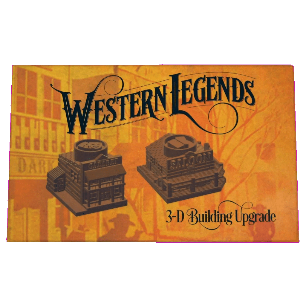 An orange game box cover for Kolossal Games’ Western Legends: Building Up That West World (3D Buildings), a Western board game expansion featuring illustrations of two 3D buildings labeled BANK and SALOON.