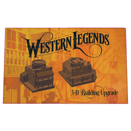 An orange game box cover for Kolossal Games’ Western Legends: Building Up That West World (3D Buildings), a Western board game expansion featuring illustrations of two 3D buildings labeled BANK and SALOON.