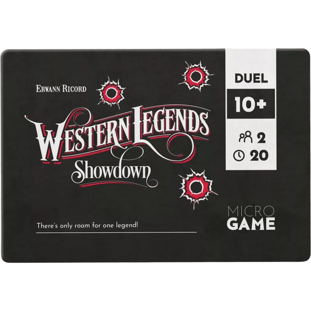 Game box cover for Western Legends: Showdown by Kolossal Games, a far west board game with bullet holes, black background, age 10+, 2 players, 20-minute playtime, and the tagline "There's only room for one legend!.