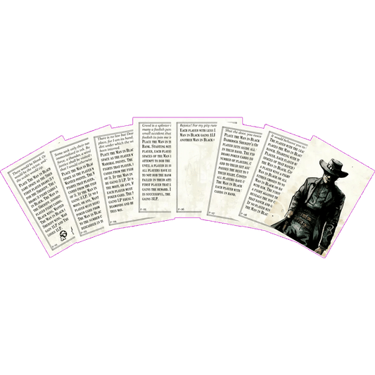 Seven cards from Kolossal Games' Western Legends: The Man In Black – Multiplayer Variant Promo Cards are fanned out. The rightmost card shows the Man In Black in western attire; the others are rules reference cards.