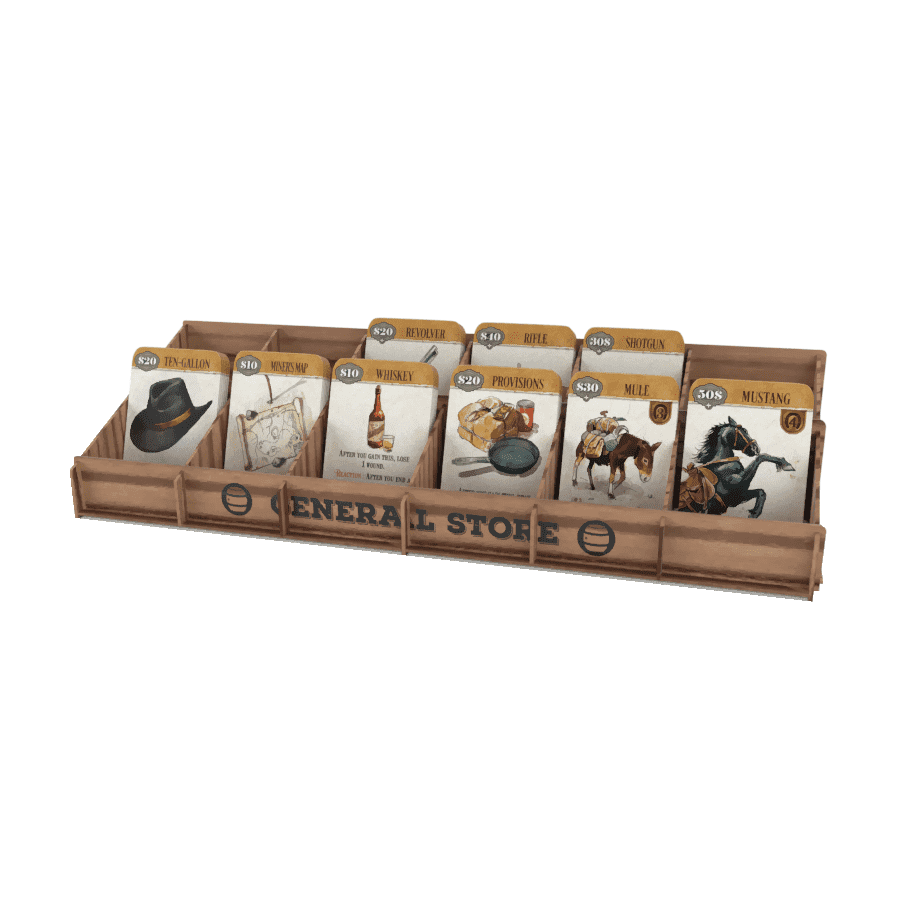 The Western Legends: Wooden Trading Post & General Store by Kolossal Games organizes cards in a wooden box labeled "General Store," featuring Western-themed art—hat, map, bottle, horse, cowboy—with price tags—perfect as a game upgrade or add-on.