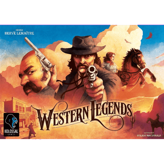 The illustrated cover of Western Legends by Kolossal Games features two gunmen—one aiming at the viewer, one pointing sideways—set against a sunlit frontier with a rider on horseback and classic Wild West buildings.
