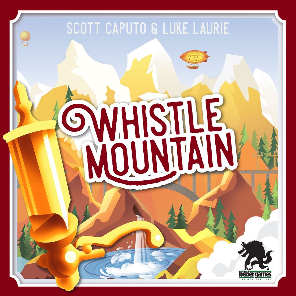 The Whistle Mountain board game by Bezier Games features a cover with snowy mountains, forests, an airship fleet above a bridge, and a prominent golden whistle in front. The title is bold, along with the designers’ names and Bezier Games logo.