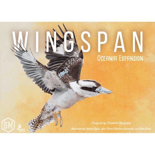 A detailed kookaburra illustration soars over an orange watercolor backdrop. “Wingspan: Oceania Expansion” by Stonemaier Games is displayed in bold white text, with new player mats highlighted and logos and artist credits placed below.