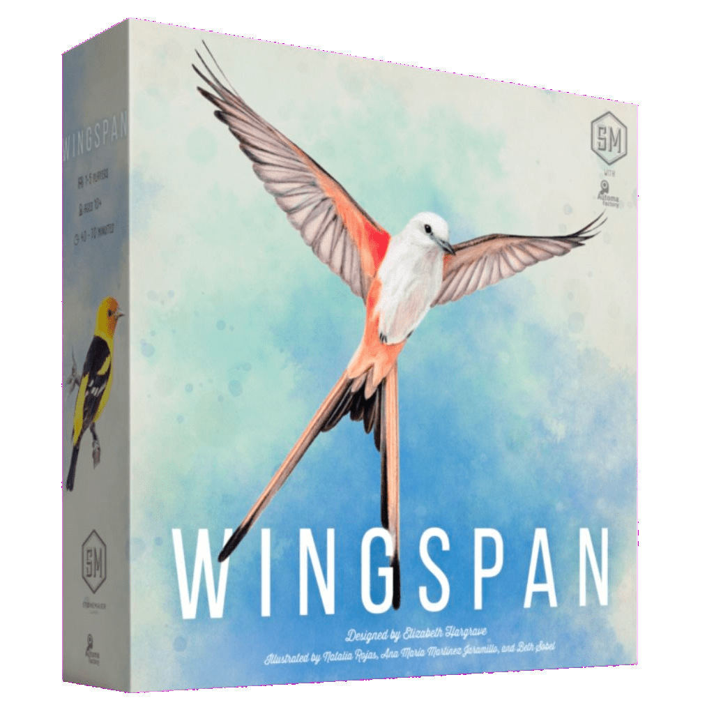 The image shows the Wingspan game box by Stonemaier Games, featuring a colorful bird with open wings on a pale blue background and the title "Wingspan" in large white letters at the bottom.