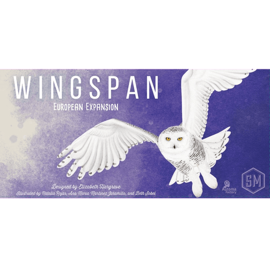 The box cover for Stonemaier Games’ Wingspan European Expansion features a flying white owl with yellow eyes on a purple background, with the title and credits in white above and below the elegant bird.