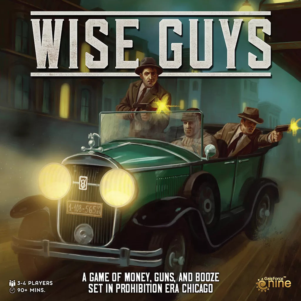 Three men in suits and hats fire guns from a vintage green car at night. Wise Guys by Gale Force Nine is a roaring 1920s area-control board game of money, guns, and booze set in Prohibition-era Chicago.