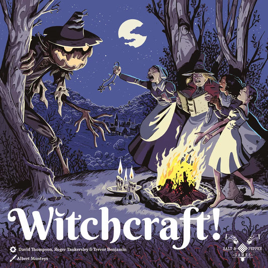 By moonlight, three women in witch hats perform a ritual by a campfire, holding a doll and spellbook. A scarecrow stands among dark trees. "Witchcraft!," by Salt & Pepper Games, hints at an enchanting game of spells below.