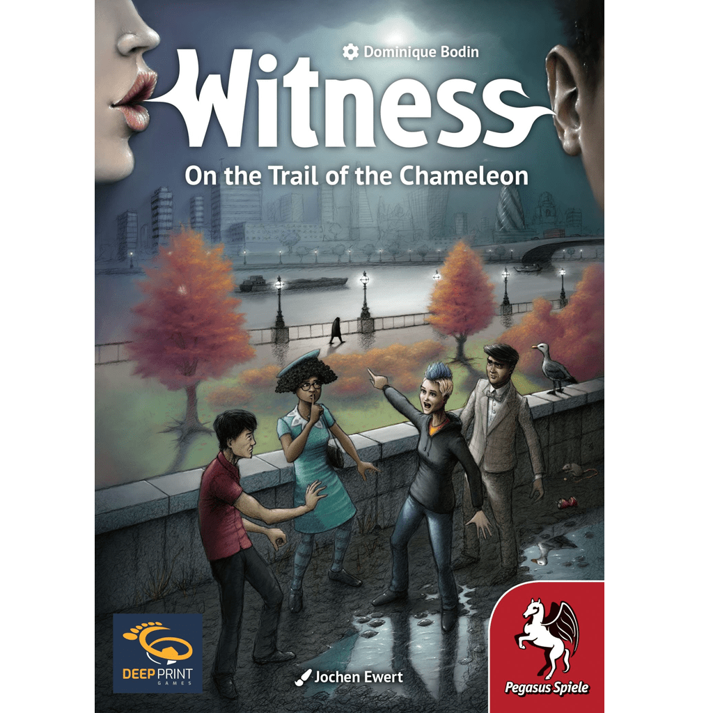 Four people stand in a park near a river, talking urgently while one whispers to another. Autumn trees and city buildings line the background. At the top is Witness: On the Trail of the Chameleon by Pegasus Spiele, a cooperative campaign mystery board gam