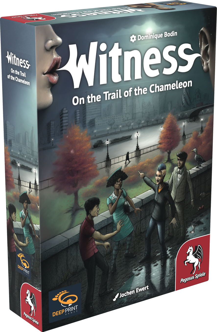 The Pegasus Spiele board game Witness: On the Trail of the Chameleon features cartoon characters in a city park, one whispering to another, with trees, benches, and a city skyline in the background.